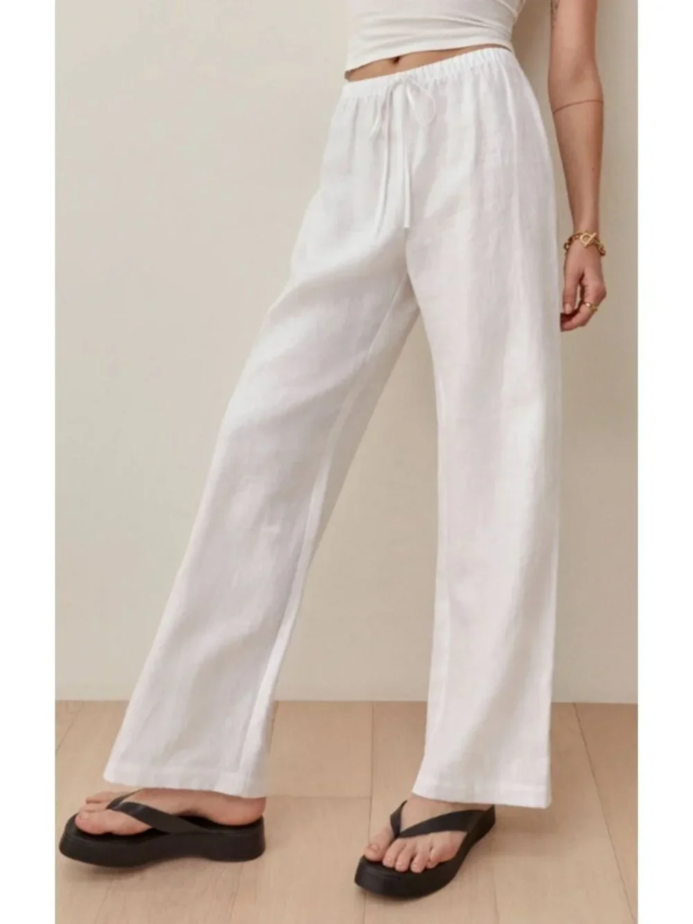 REFORMATION OLINA Tie Waist Linen Pants - White - Small